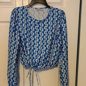 Blue & White Geometric Tie-Hem Blouse